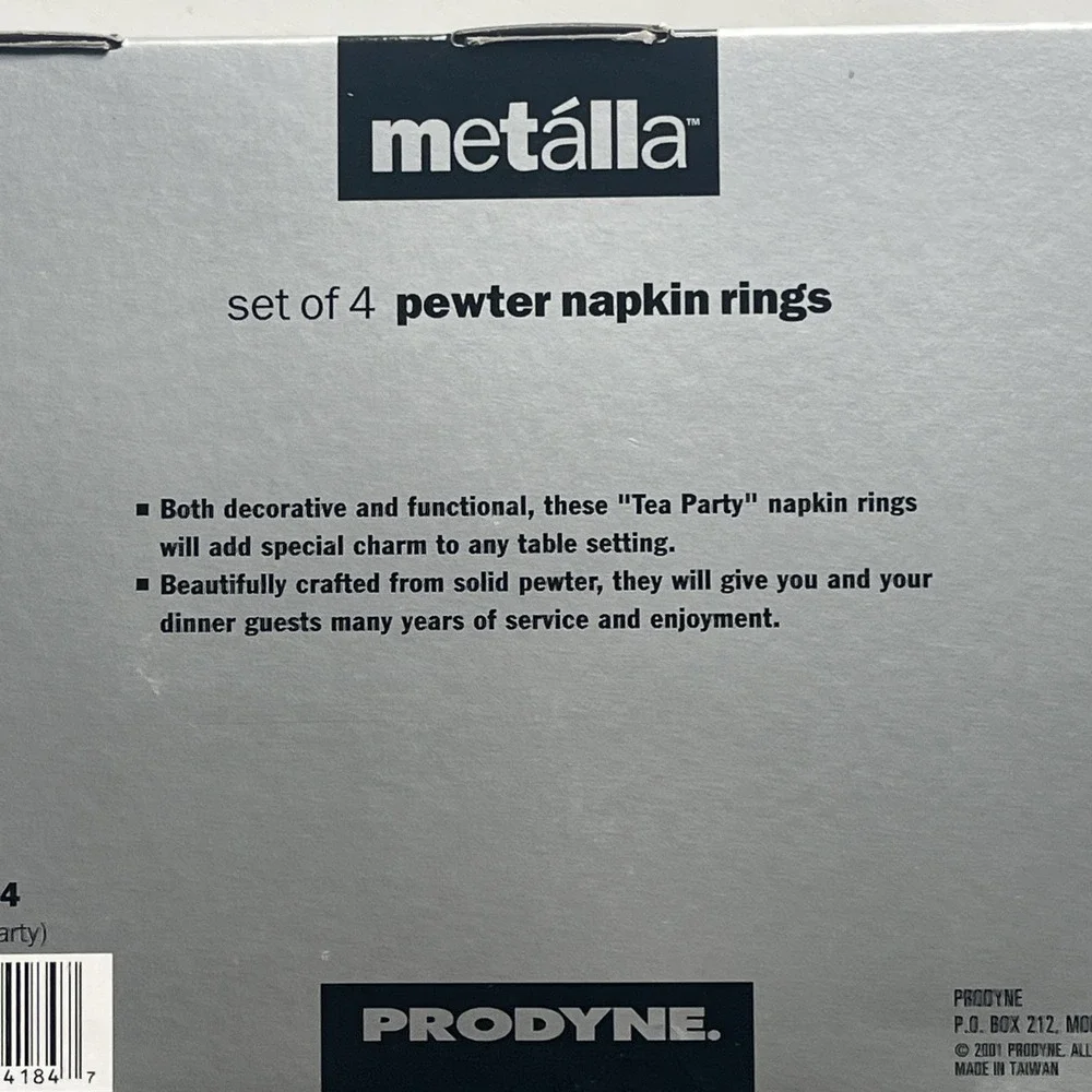 Set Of 4 Metalla Silver Tone Metal Pewter Tea Pot Tea Cup Napkin Rings With Box